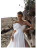 White Pleated Satin Slit Unusual Wedding Dress